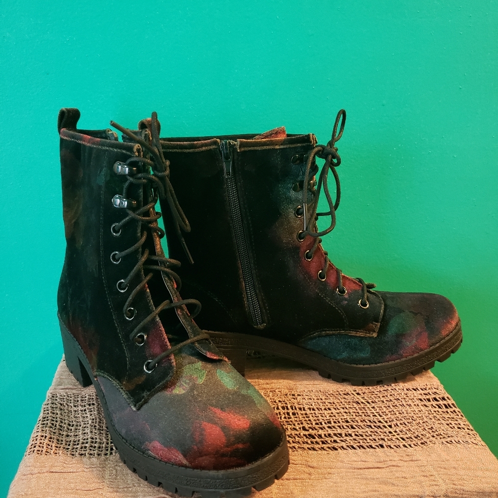 Madden Girl Black Velvet Floral Combat Boots
